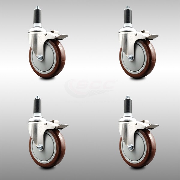 Service Caster 5 Inch 316SS Maroon Poly Swivel 1-1/4 Inch Expanding Stem Caster Set Lock Brake SCC-SS316TTLEX20S514-PPUB-MRN-114-4 - main
